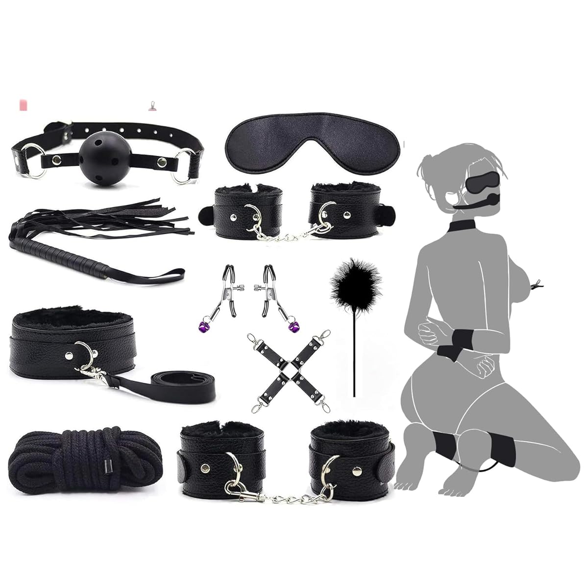 Kit de Bondage SM – Menottes Poignets & Chevilles avec Sangles de Lit – Accessoires pour Jeux Intimes en Couple