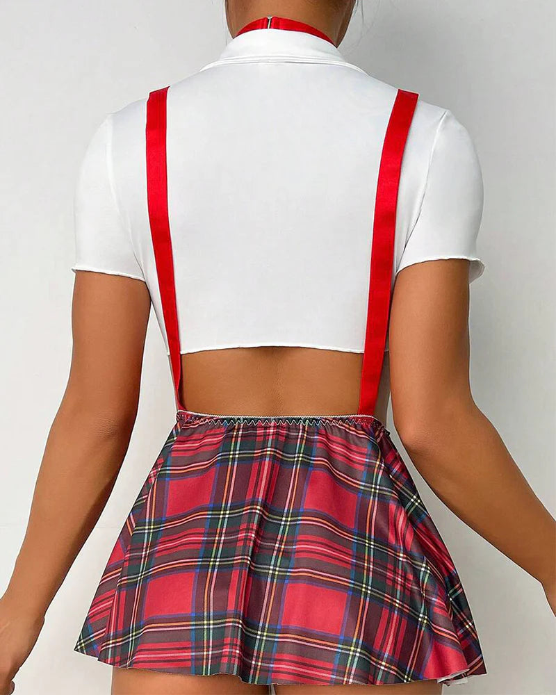 Jupe d'école plissée à bretelles et imprimé écossais (avec culotte)
