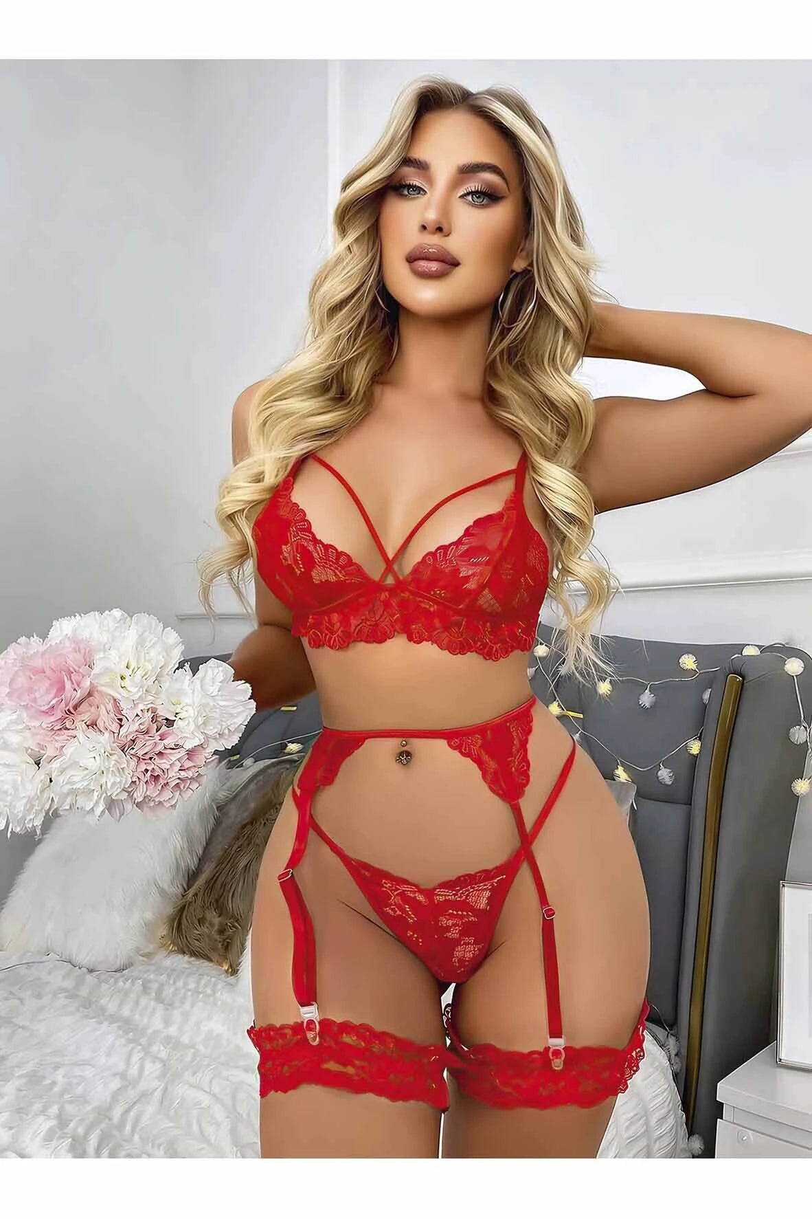 Ensemble de sous-vêtements sexy en cuir transparent et dentelle pour femme, ensemble trois pièces avec anneau et bas