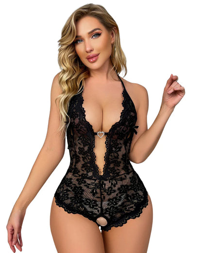 Lingerie sexy en dentelle florale pour mariée, avec bordure festonnée, transparente et découpée, sans entrejambe
