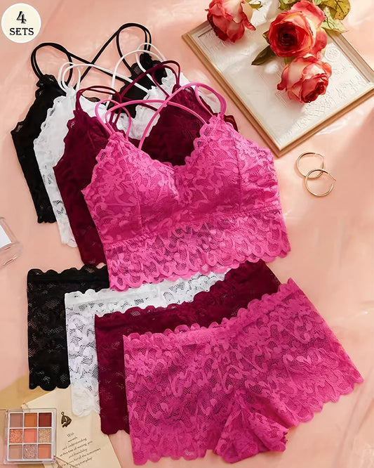 Ensemble de vêtements de nuit essentiels 4 pièces avec soutien-gorge et culotte en dentelle