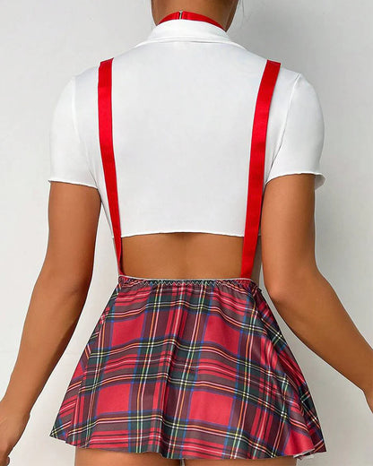 Jupe d'école plissée à bretelles et imprimé écossais (avec culotte)